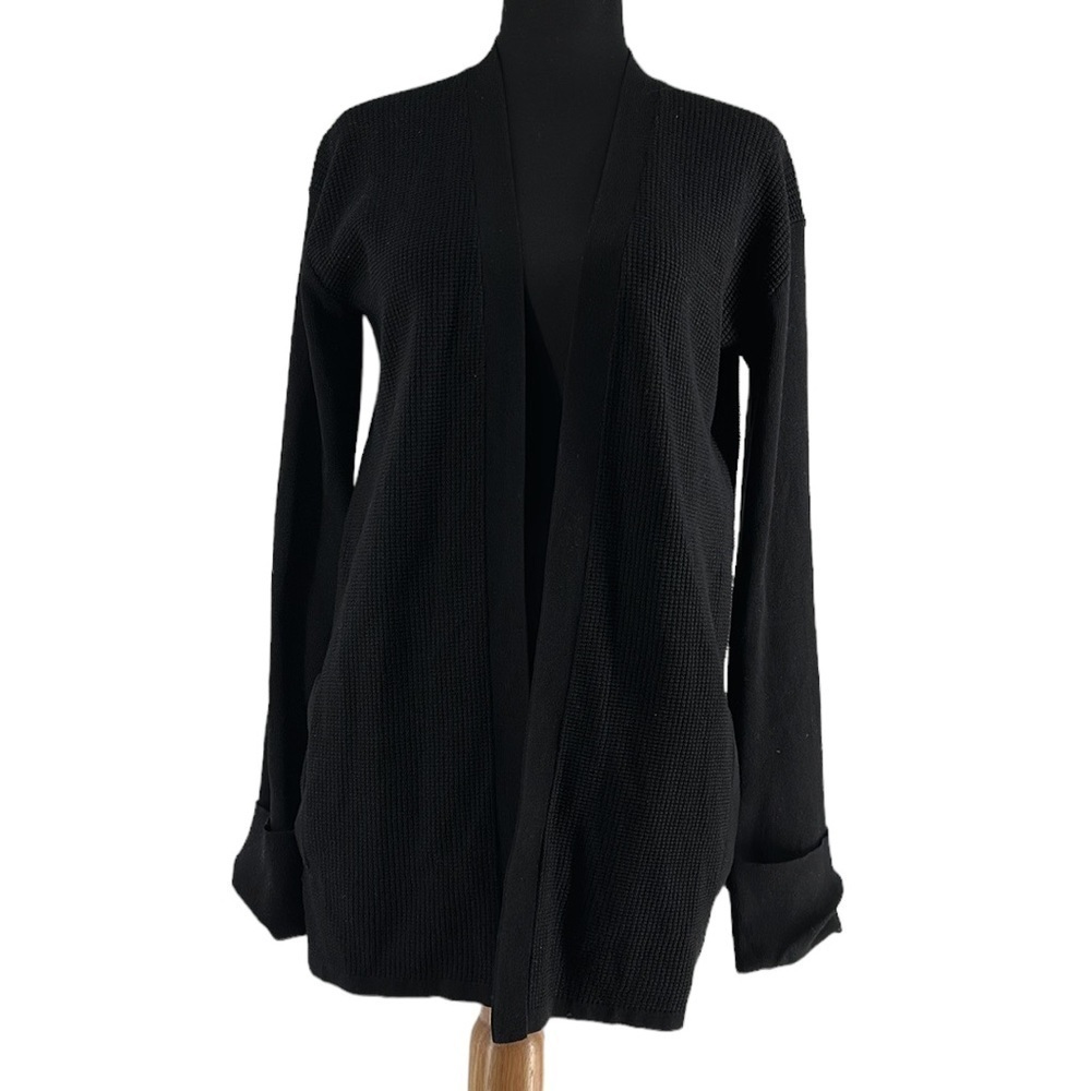 Theory cardigan stitch mix Chloe knit black waffle minimalist luxury sz 2
